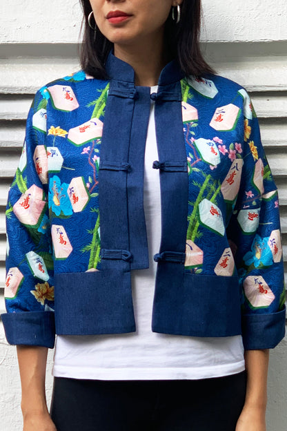 Kylin Mahjong Print Denim Jacket (Blue)