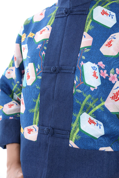 Kylin Mahjong Print Denim Jacket (Blue)