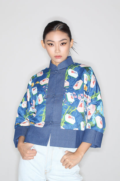 Kylin Mahjong Print Denim Jacket (Blue)