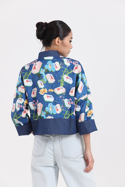 Kylin Mahjong Print Denim Jacket (Blue)