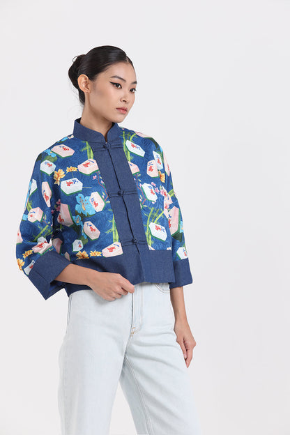 Kylin Mahjong Print Denim Jacket (Blue)