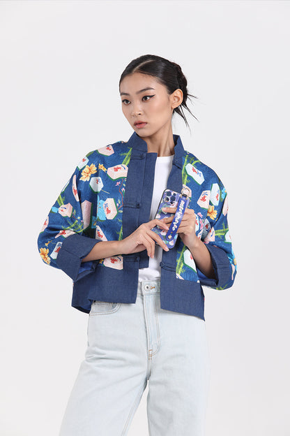 Kylin Mahjong Print Denim Jacket (Blue)